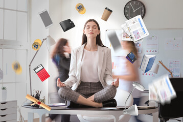 Different things flying around young businesswoman meditating in office. Zen concept