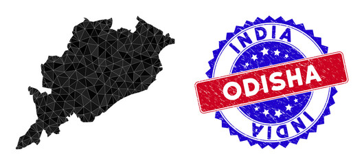 Odisha State map polygonal mesh with filled triangles, and rubber bicolor watermark. Triangle mosaic Odisha State map with mesh vector model, triangles have different sizes, and positions,