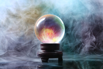 Crystal ball of fortune teller in smoke on table - obrazy, fototapety, plakaty