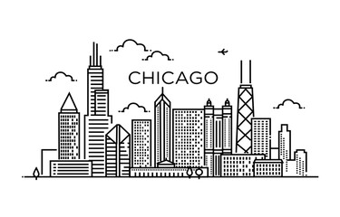 Naklejka premium Liniowy baner miasta Chicago. Grafika liniowa.