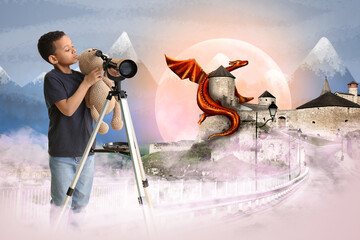 Little African-American boy with telescope near old fortress and fairy dragon in wonderland