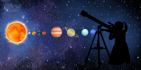 Silhouette of little girl observing planets through a telescope in space © Pixel-Shot