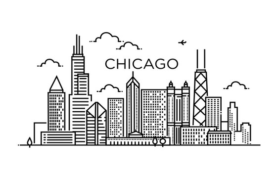 Linear banner of Chicago city. Line art.