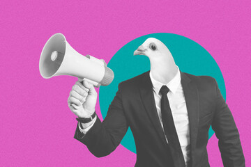 Collage of businessman with bird head carrying megaphone