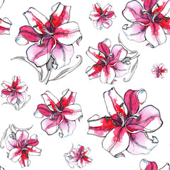 Obraz premium Watercolor pink red and minimalist black line art ink drawing lily flowers seamless pattern on white background, botanical floral digital paper