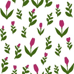 seamless pattern with pink tulips, decorative flowers on white background, cute wallpaper
