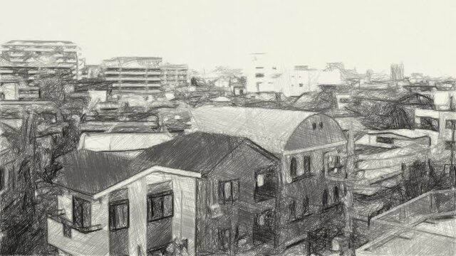 art drawing black and white of cityscape background