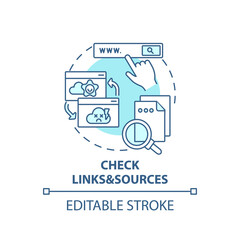 Checking links and sources concept icon. Fake news check idea thin line illustration. References and cited sources. Fighting disinformation. Vector isolated outline RGB color drawing. Editable stroke