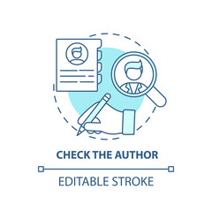 Checking author concept icon. Fake news checking idea thin line illustration. Author credentials. Verifying reputation and prior publication. Vector isolated outline RGB color drawing. Editable stroke