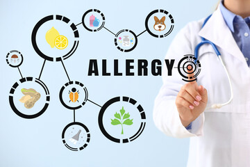 Allergy specialist using virtual screen on color background