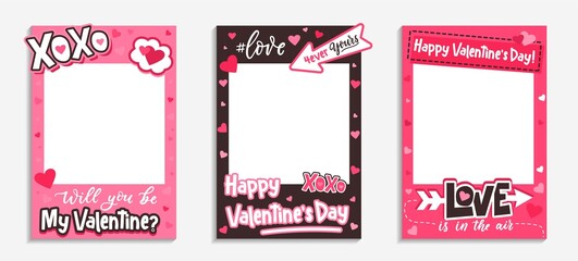 Printable Valentine's Day photo frames with pink hearts, xoxo inscription, love hashtag and quotes. Will you be my Valentine template. Happy Valentine's day photo booth prop. Vector illustration - obrazy, fototapety, plakaty