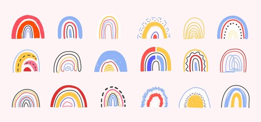 Set of hand drawn abstract rainbows for nursery, prints, cards, party invitations,baby shower,books.Cute rainbow set in different shapes in contemporary art style.Abstract rainbows Vector illustration