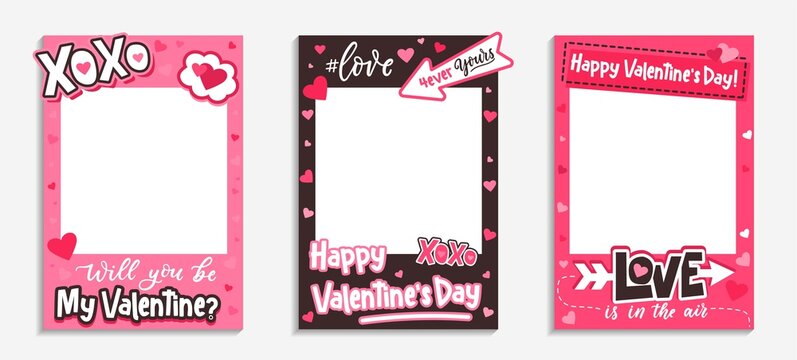 Printable Valentine's Day photo frames with pink hearts, xoxo inscription, love hashtag and quotes. Will you be my Valentine template. Happy Valentine's day photo booth prop. Vector illustration