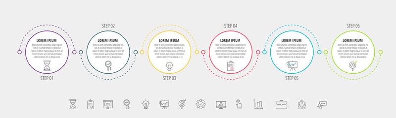 Circles vector line infographic with 6 step, icons. Timeline used for diagram, chart, web, banner, presentations, flowchart, info graph, content, levels, chart, processes diagram