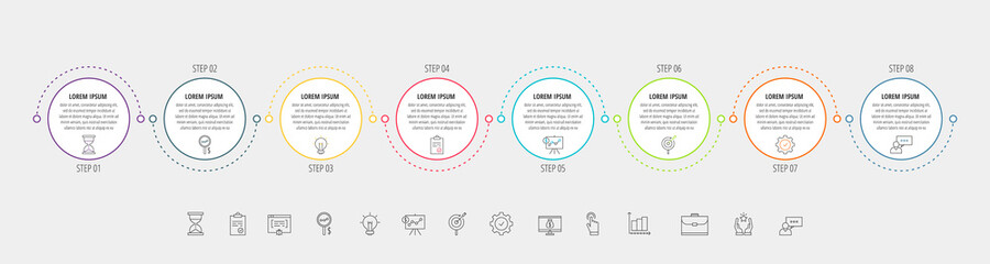 Circles vector line infographic with 8 step, icons. Timeline used for chart, web, banner, workflow layout, presentations, flowchart, info graph, content, levels, chart, processes diagram