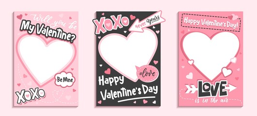 Valentine's Day colorful photo frame and backgrounds with pink hearts and love quotes.Will you be my Valentine printable photo template.Happy Valentine's day photo booth props set.Vector illustration - obrazy, fototapety, plakaty