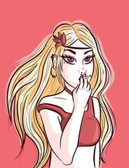 Blonde anime girl with long hair wearing a bandana and a flower. Vector art with a hippie woman chilling and smoking a cigarette. Grunge cartoon character on a pink background.