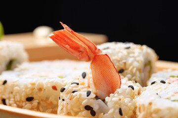 Japanese sushi roll on plate close up