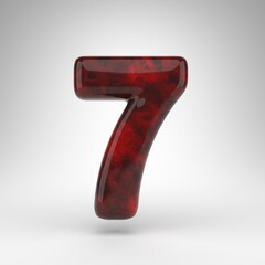 Number 7 on white background. Red amber 3D number with glossy surface.