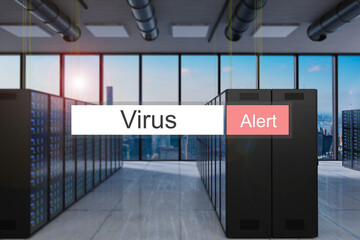 virus alert in red search bar large modern server room skyline view, 3D Illustration