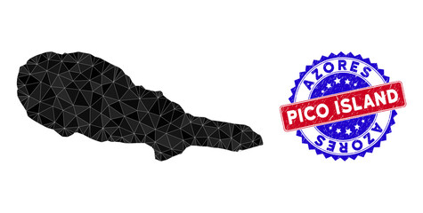 Pico Island map polygonal mesh with filled triangles, and scratched bicolor stamp. Triangle mosaic Pico Island map with mesh vector model, triangles have various sizes, and positions, and color tones.