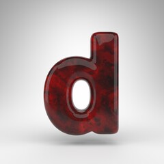 Letter D lowercase on white background. Red amber 3D letter with glossy surface.