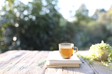 Orange color tea in clear transparent glass with notebooks and plant pot on wooden table