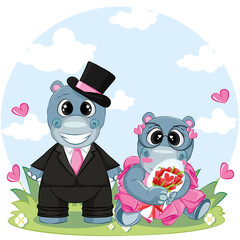 Couple Hippo on Holiday. Cartoon Vector Illustration for valentine day greeting card.