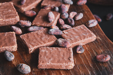 .Chocolate and Cocoa Beans with Cocoa On a black background