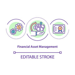 Financial asset management concept icon. Corporate revenue. Operating company money. Business service idea thin line illustration. Vector isolated outline RGB color drawing. Editable stroke