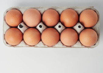 Chicken eggs in containers on a white background.    