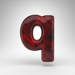 Letter Q lowercase on white background. Red amber 3D letter with glossy surface.