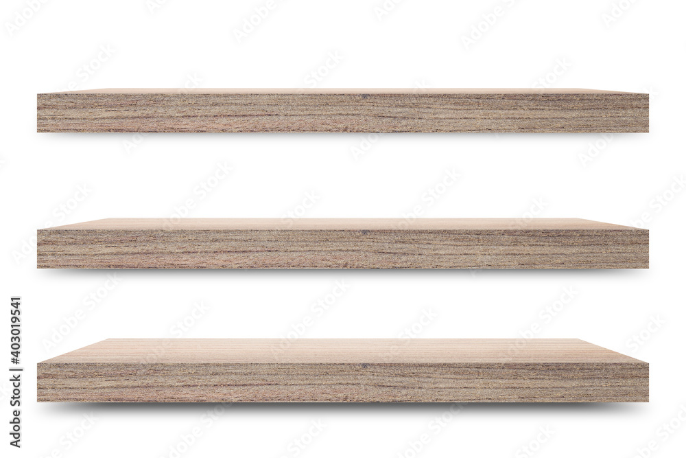 Aufkleber Shelf wooden isolated on a white background and display montage for the product Embed Clipping Path separate with black shadows.