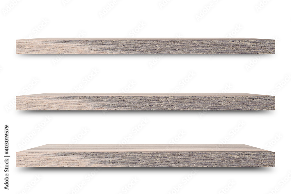 Poster Shelf wooden isolated on a white background and display montage for the product Embed Clipping Path separate with black shadows.