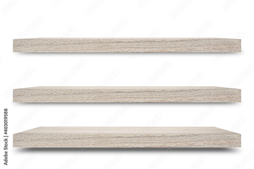 Poster Shelf wooden isolated on a white background and display montage for the product Embed Clipping Path separate with black shadows.