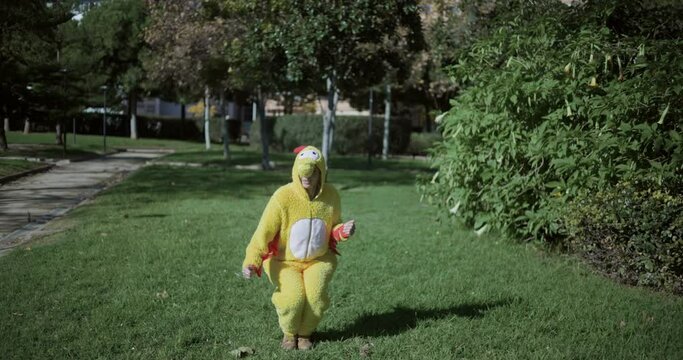A girl dressed as a chicken. A hilarious video of a woman in a chicken costume. Chicken with egg. The girl and the chicken egg.