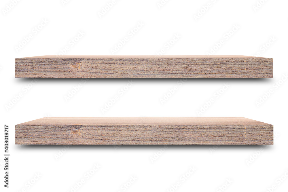 Poster Shelf wooden isolated on a white background and display montage for the product Embed Clipping Path separate with black shadows.
