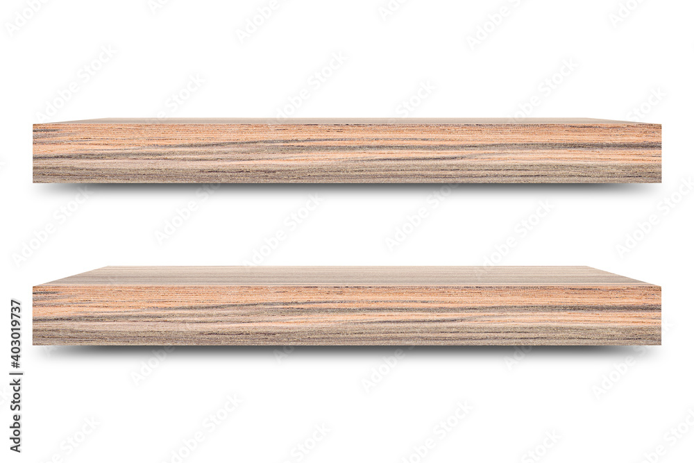 Poster Shelf wooden isolated on a white background and display montage for the product Embed Clipping Path separate with black shadows.