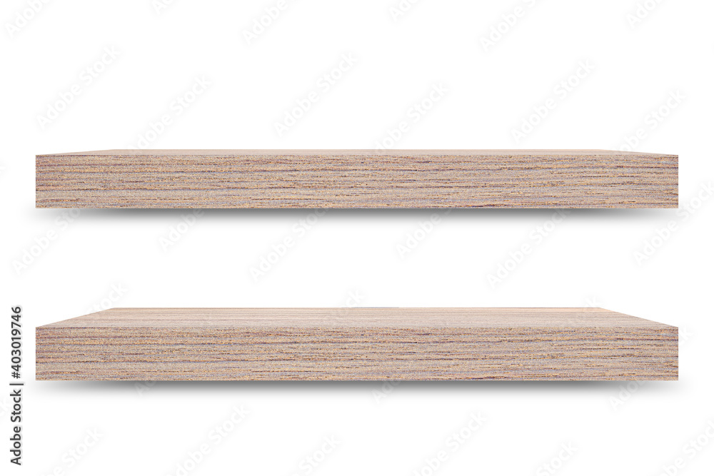 Poster Shelf wooden isolated on a white background and display montage for the product Embed Clipping Path separate with black shadows.