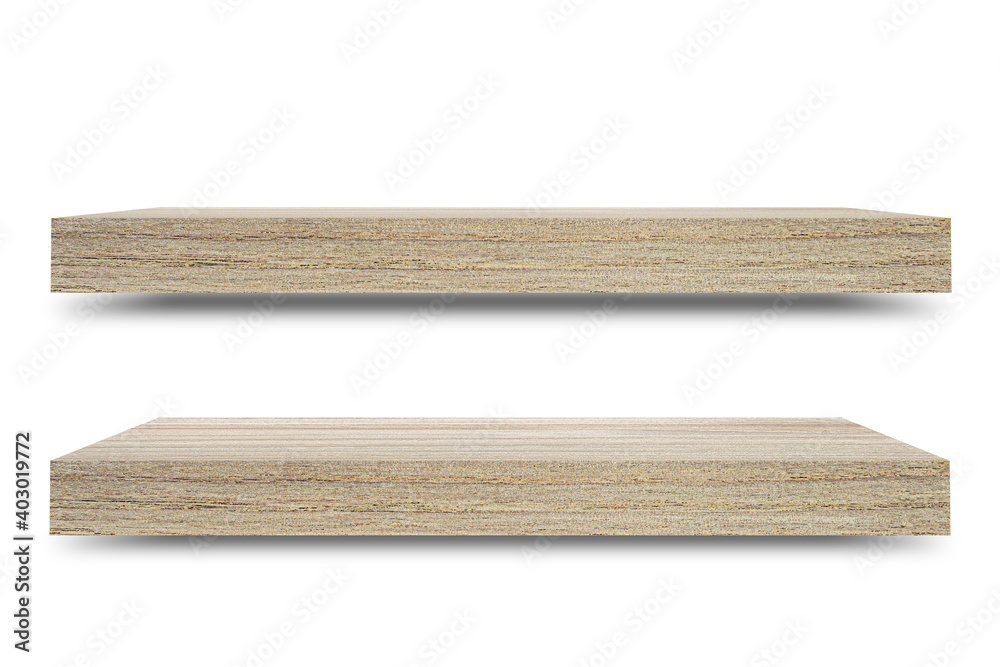 Poster Shelf wooden isolated on a white background and display montage for the product Embed Clipping Path separate with black shadows.