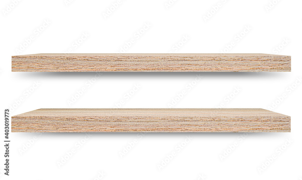 Aufkleber Shelf wooden isolated on a white background and display montage for the product Embed Clipping Path separate with black shadows.
