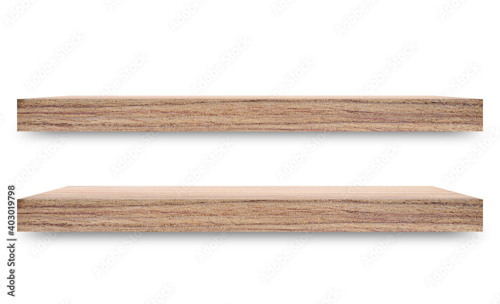 Aufkleber Shelf wooden isolated on a white background and display montage for the product Embed Clipping Path separate with black shadows.