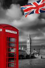 London symbols with BIG BEN and Red Phone Booth in England, UK