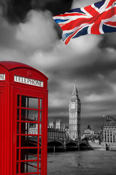 London symbols with BIG BEN and Red Phone Booth in England, UK © Tomas Marek
