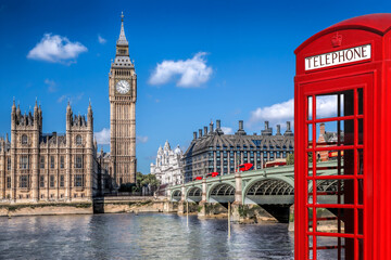 Fototapeta na wymiar London symbols with BIG BEN, DOUBLE DECKER BUSES and Red Phone Booth in England, UK