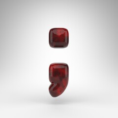 Semicolon symbol on white background. Red amber 3D sign with glossy surface.