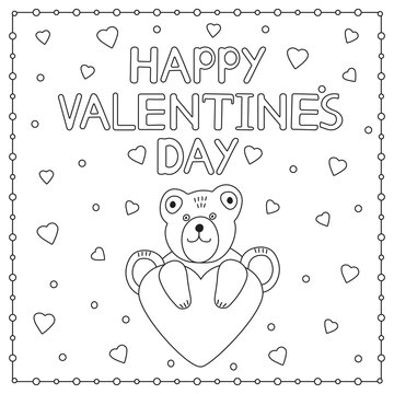 Happy Valentine's Day. Cute bear and heart. Coloring page.