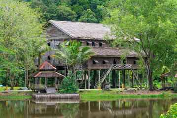 The traditional tall and longhouse of the Melanau tribe is an elevated building, mostly located in...