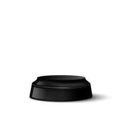 Black podium base for product or award. Minimal round pedestal vector illustration. Display for advertising or presentation, exhibition showcase isolated on white background