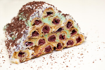 Homemade cake with cherries. Traditional recipe. White background.